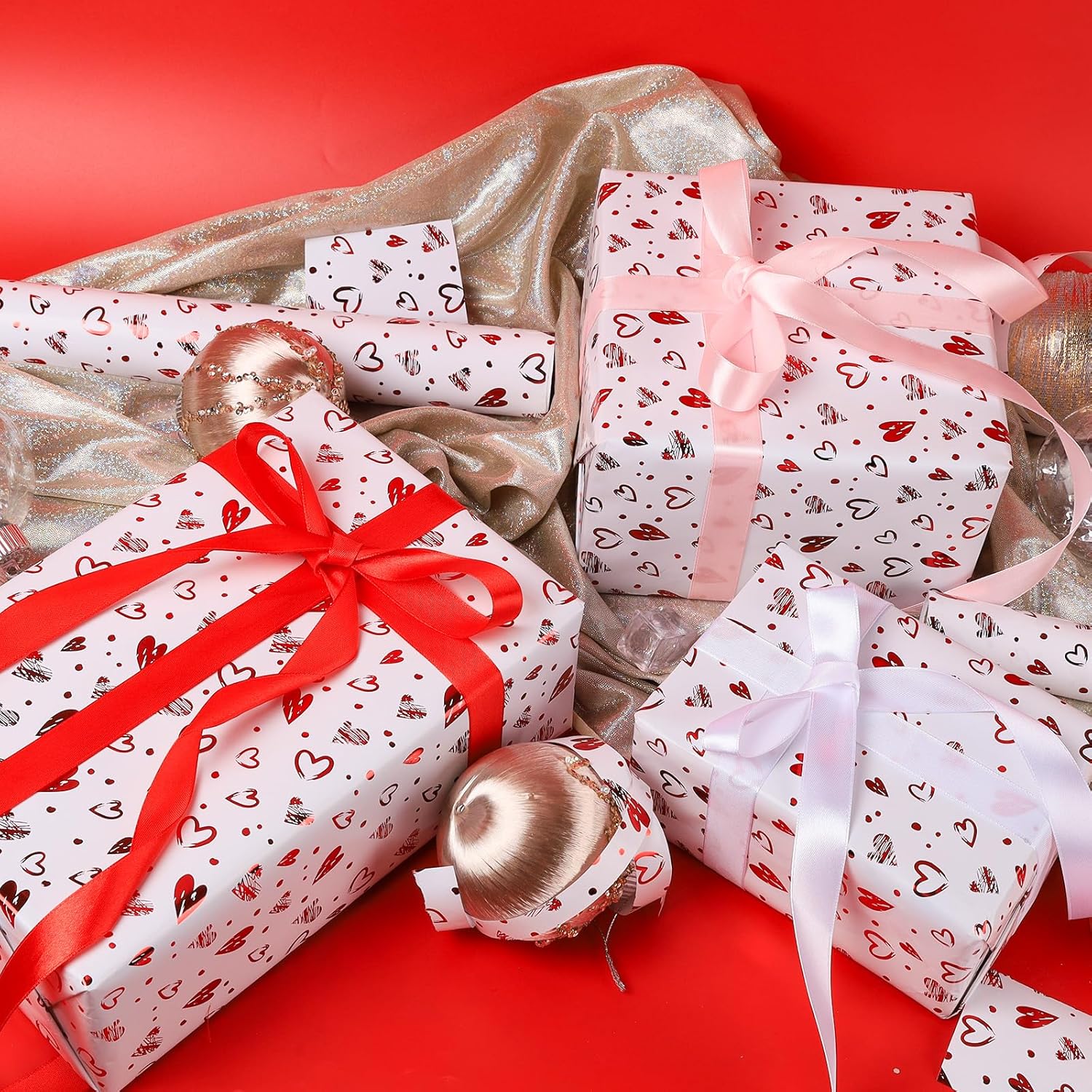 Foil Hearts Wrapping Paper Roll, Sliver Red Heart Mini Roll 17Inx32Ft-Luxury Gift Wrap For Valentine'S Day,Anniversary, Mom'S Mother Birthday, Wedding Party Bridal, Holiday, Christmas
