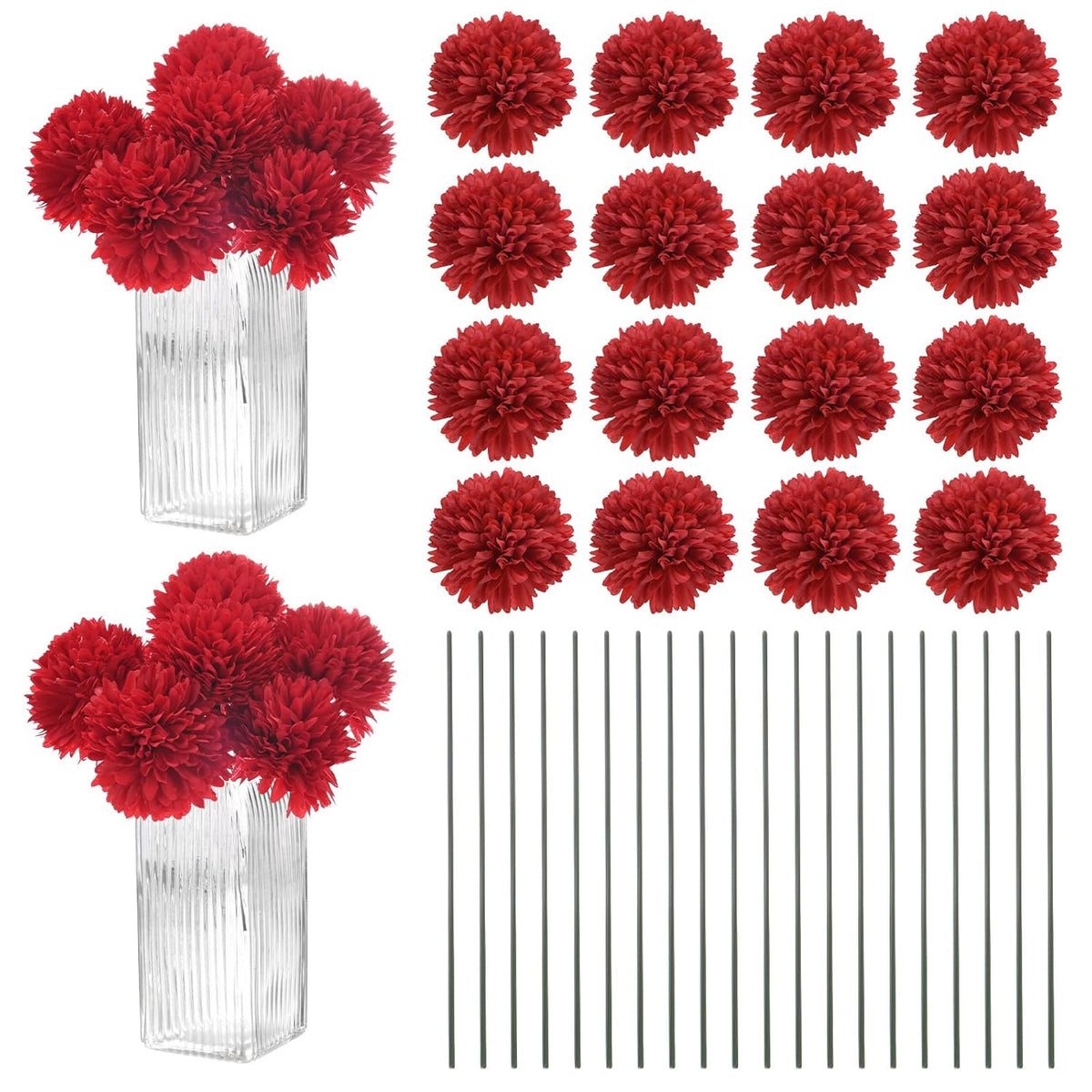 30-Pack Artificial Chrysanthemum Ball Flowers,11 Inch Faux Chrysanthemum Silk Bouquets Real Touch Faux Flowers For Home/Wedding/Christmas/Party[Bright Red]