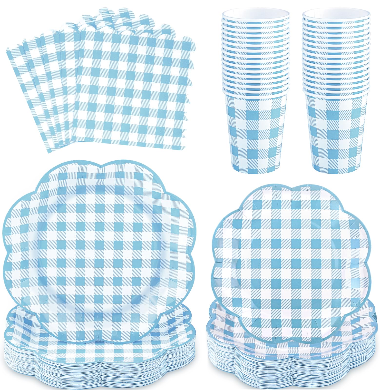 250 Pcs Blue Gingham Party Supplies, Scalloped Blue and White Checkered Tableware Set Includes Disposable Plates Napkins and Cups for Wedding Birthday Picnic Baby Bridal Shower