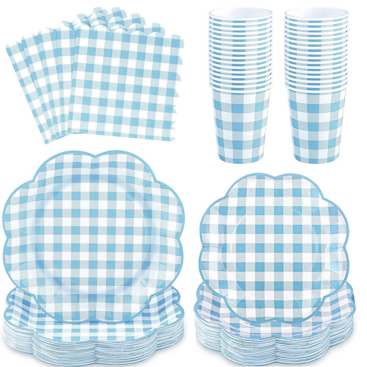 250 Pcs Blue Gingham Party Supplies, Scalloped Blue and White Checkered Tableware Set Includes Disposable Plates Napkins and Cups for Wedding Birthday Picnic Baby Bridal Shower