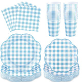 250 Pcs Blue Gingham Party Supplies, Scalloped Blue and White Checkered Tableware Set Includes Disposable Plates Napkins and Cups for Wedding Birthday Picnic Baby Bridal Shower