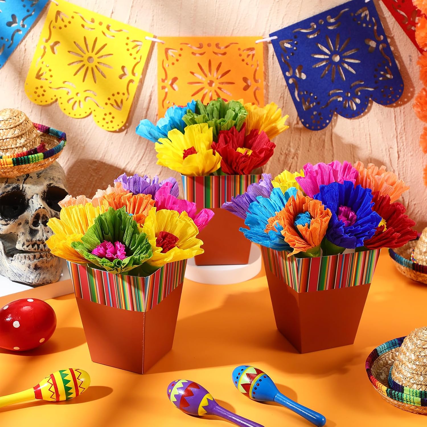 30 Pcs Mexican Table Decorations Fiesta Centerpieces With Paper Platos De Barro Flower Vase For Halloween Day Of The Dead Mexicanos Cielito Lindo Cinco De Mayo Party Tables Decorations