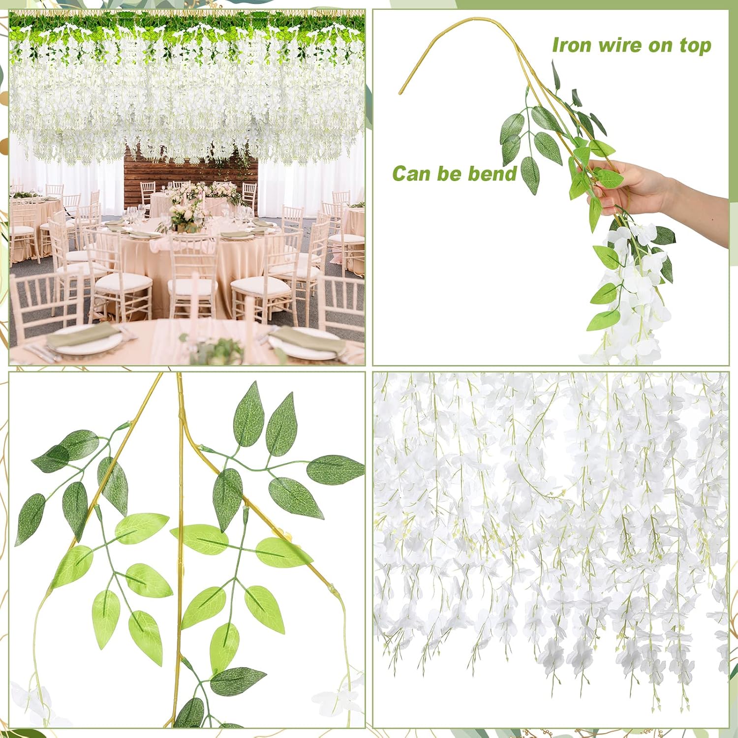 108 Pack 43.2 In/ 3.6 Ft Artificial Fake Wisteria Hanging Flowers Wisteria Faux Flowers Garland Silk Vine Rattan Long Hanging Flowers String For Home Outdoor Wedding Party(Milky)