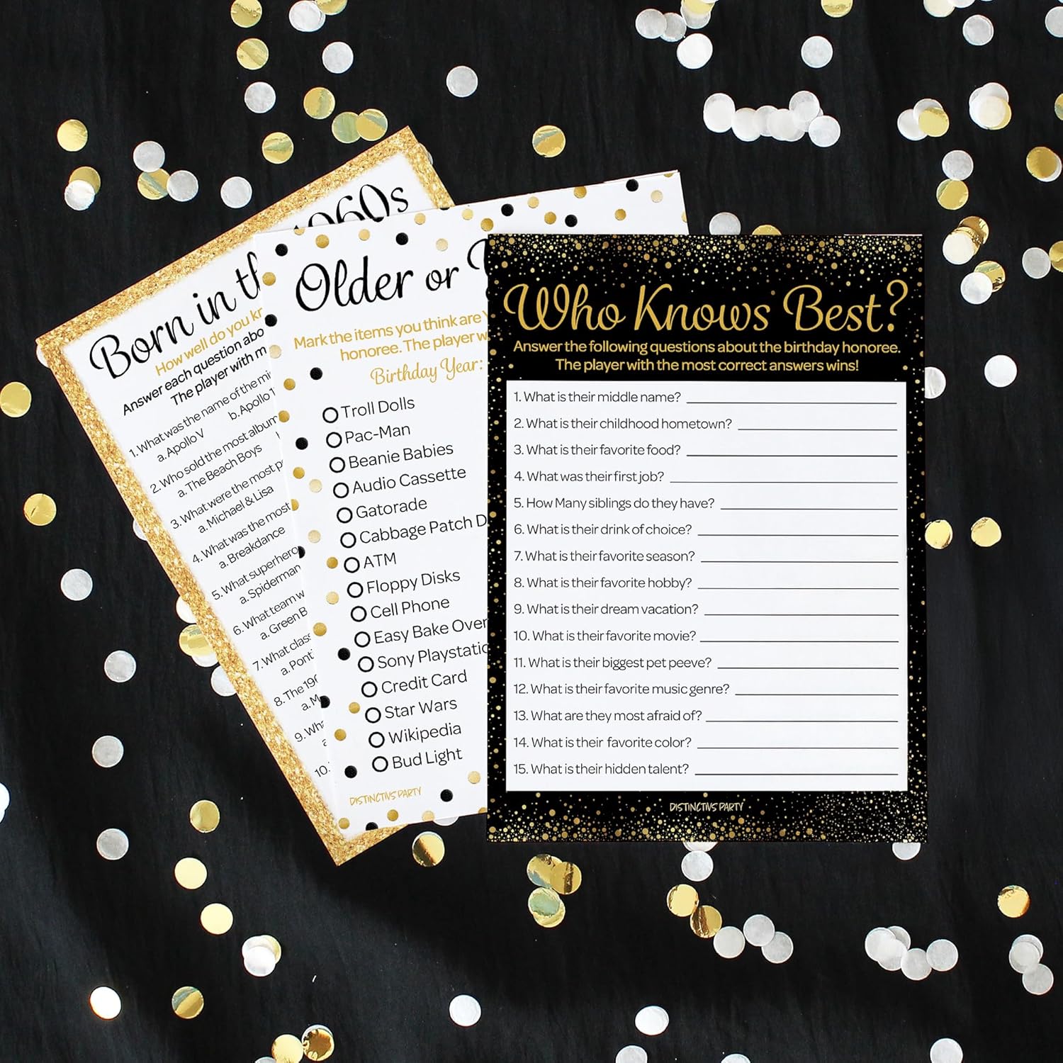 Black And Gold 60Th Birthday Game Bundle - Set Of 3 Birthday Party Games For 20 Guests, Born In The 1960S Theme