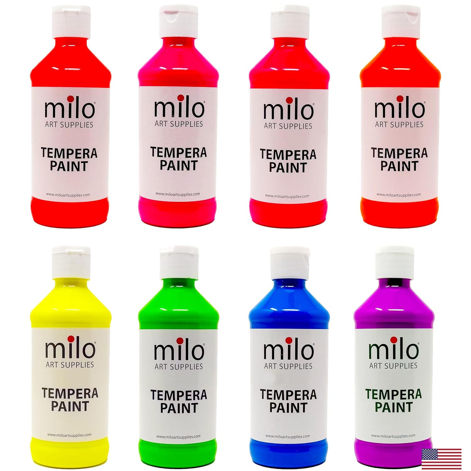 milo Fluorescent Neon Washable Paint | 8 oz Bottles 8 Colors | Made in the USA | Glows UV in Black Light | Safe & Non-Toxic Tempera Paint for Art & Craft, Poster, Window, Classroom, School