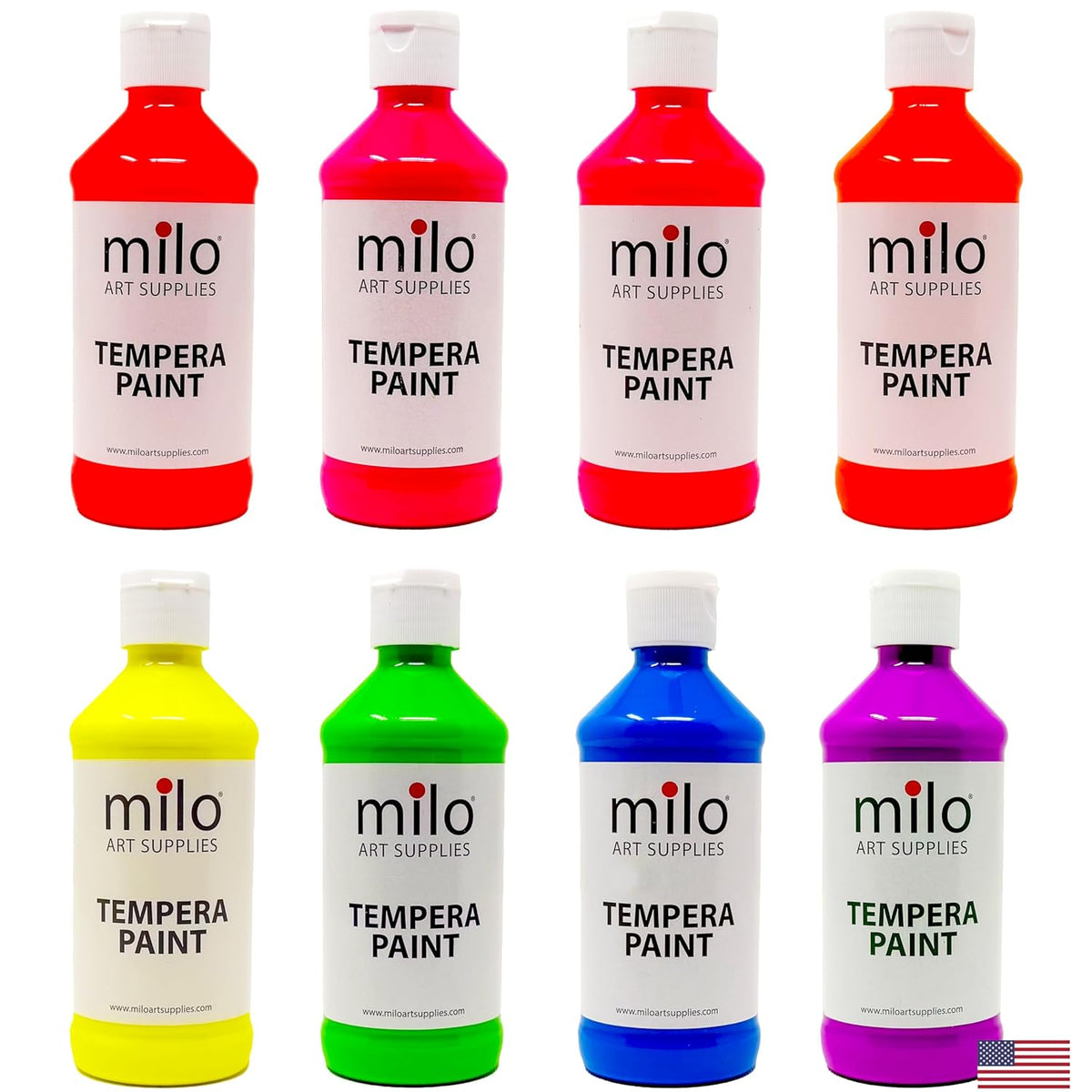 milo Fluorescent Neon Washable Paint | 8 oz Bottles 8 Colors | Made in the USA | Glows UV in Black Light | Safe & Non-Toxic Tempera Paint for Art & Craft, Poster, Window, Classroom, School