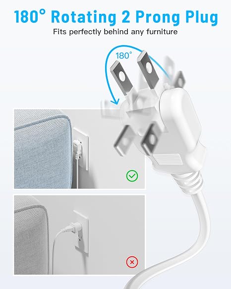 10FT 2 Prong Power Strip 2 Prong to 3 Prong Outlet Adapter