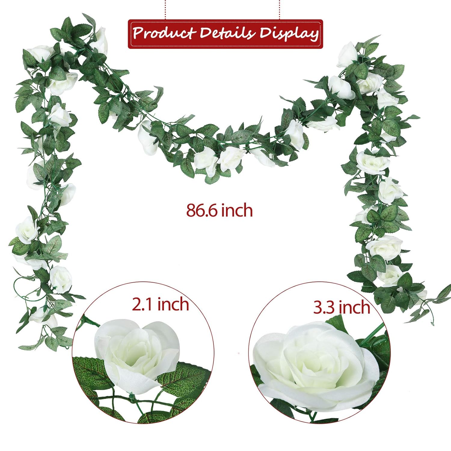 Artificial Rose Garlands Rose Vines Leaves Banners Hanging Fake Floral Garland Flower Vine For Wedding Arch Ceremony Home Garden Outdoor Party Wall Decorations, 14.4 Ft(White,2 Pieces)