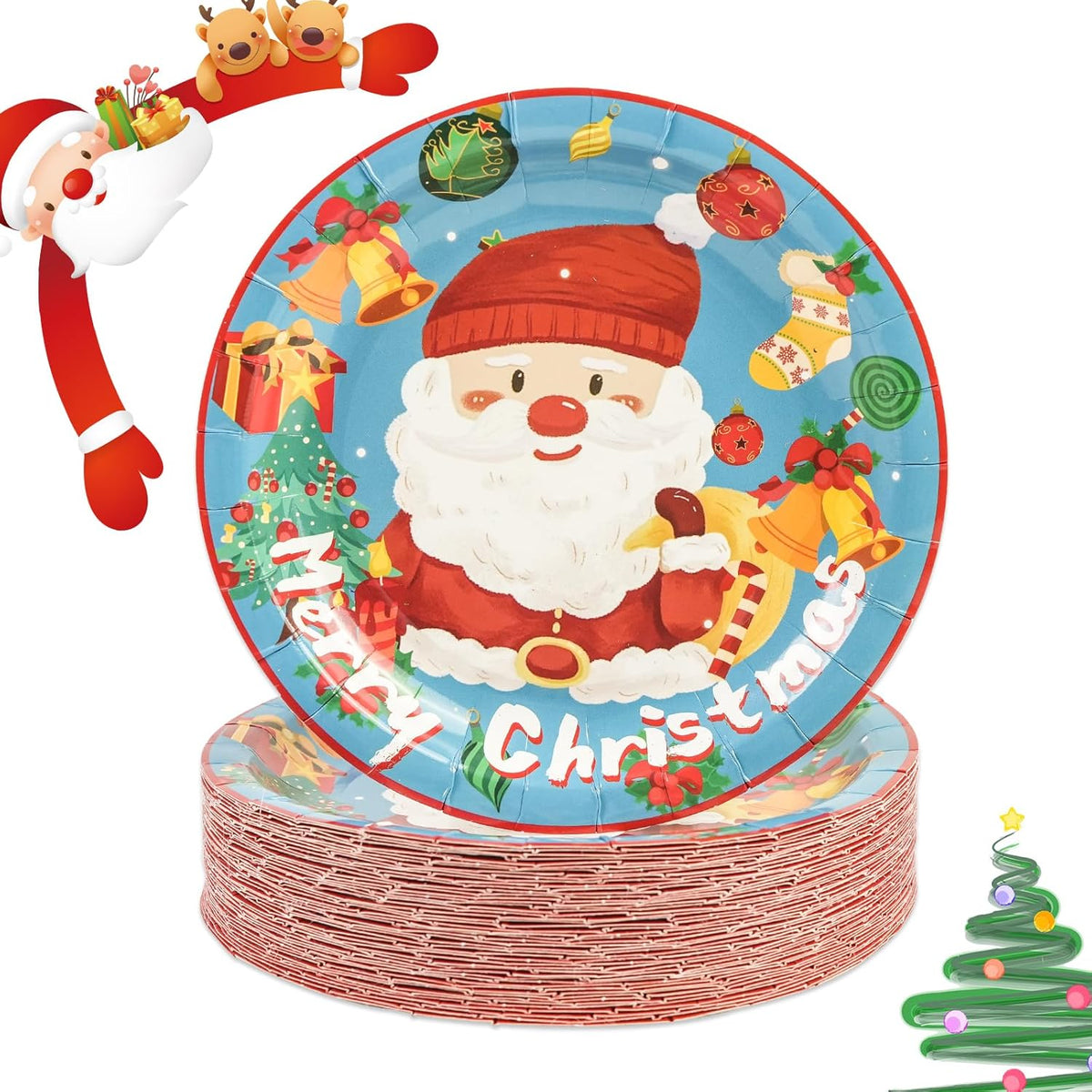 50Pcs Merry Christmas Paper Plates - 7Inch Blue Dessert Plates For Cake Fruit Salad Pizza Disposable Decoration Supplies For Christmas Birthday Wedding Party
