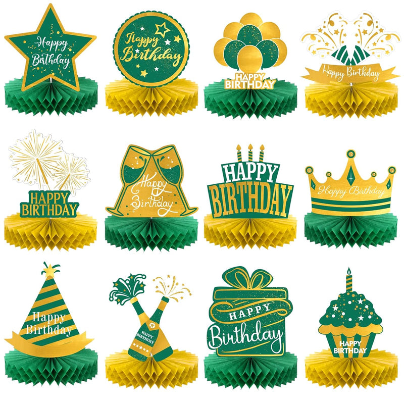 12 Pieces Green And Gold Happy Birthday Decoration Green Gold Honeycom