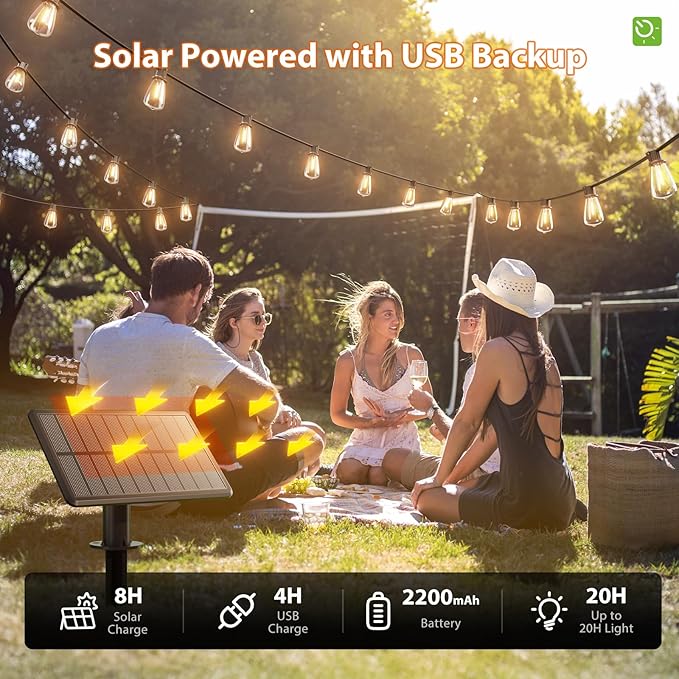 54FT Solar String Lights Waterproof with USB Charging Remote Dimmable Patio Lights