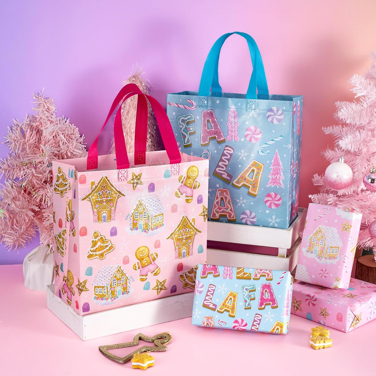 12 Pack Christmas Reusable Gift Bag With Handles - Medium Size 10.5 X 5 X 10.5 Inch - Pastel Pink Purple Gingerbread House And Santa Design, Perfect For Christmas, Party Favor, Shopping