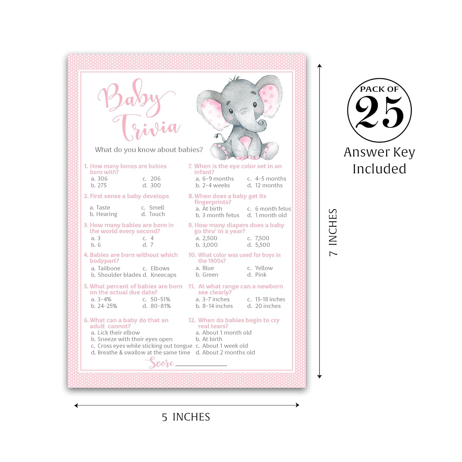 Pink Elephant Baby Shower Games — Baby Trivia Game — Pack Of 25 — Fun Facts Girl Shower Activity, Pink Baby Elephant Little Peanut Theme Couples Coed Shower, Gender Reveal Party G500-Trv