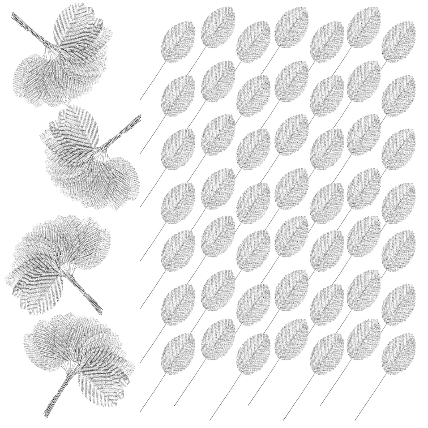 200 Pcs Silver Leaves For Crafts, Artificial Silk Faux Rose Leaves Single Leaf Wire Crafts Leaf For Diy Wreaths Flower Bouquet Wedding Decor