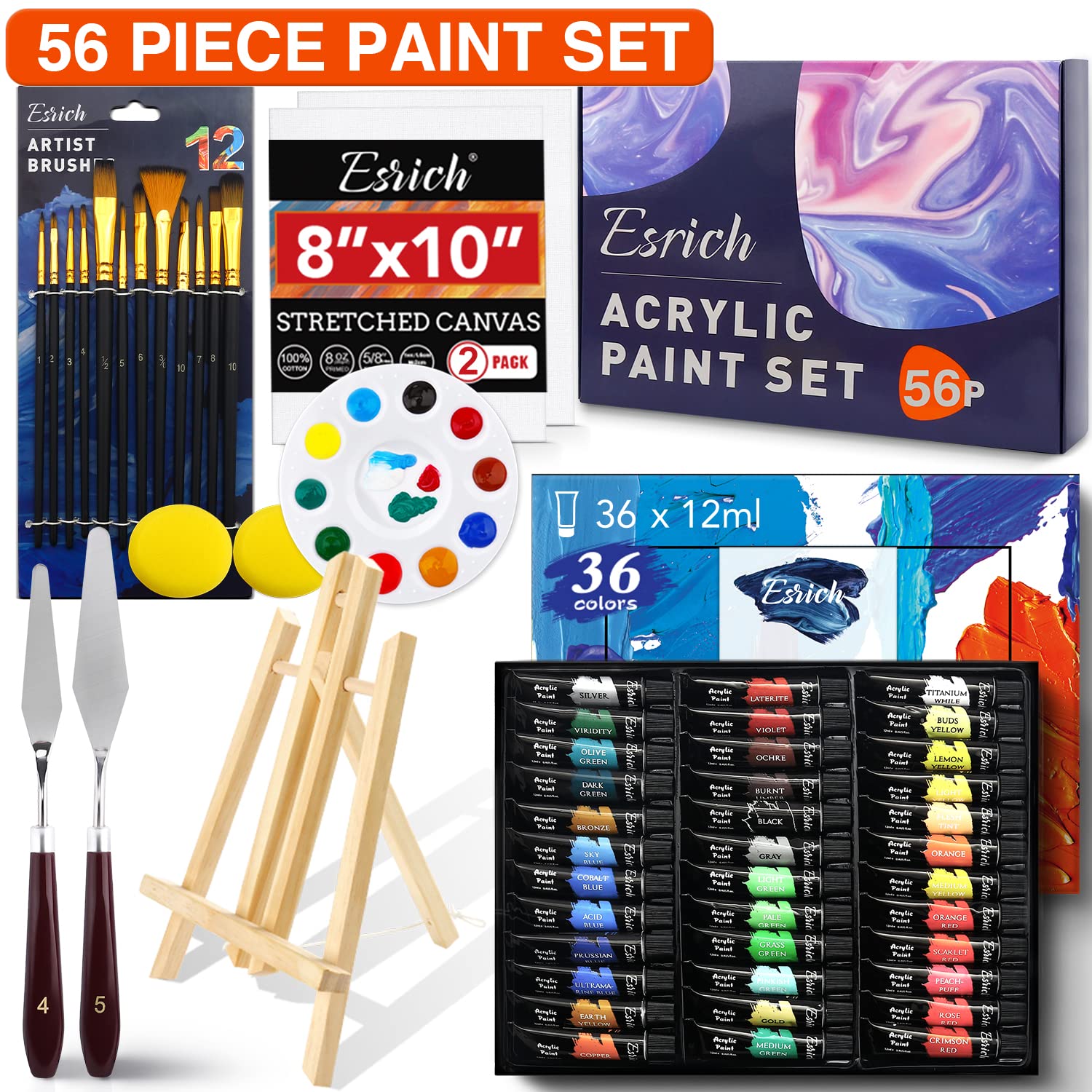 Acrylic Paint Set,56 Pcs Professional Painting Supplies With Paint Brushes, 36 Colors Acrylic Paints, 1 Easel, 2 Painting Canvases, Palette, Paint Knives And Art Sponges For Hobbyists And Beginners