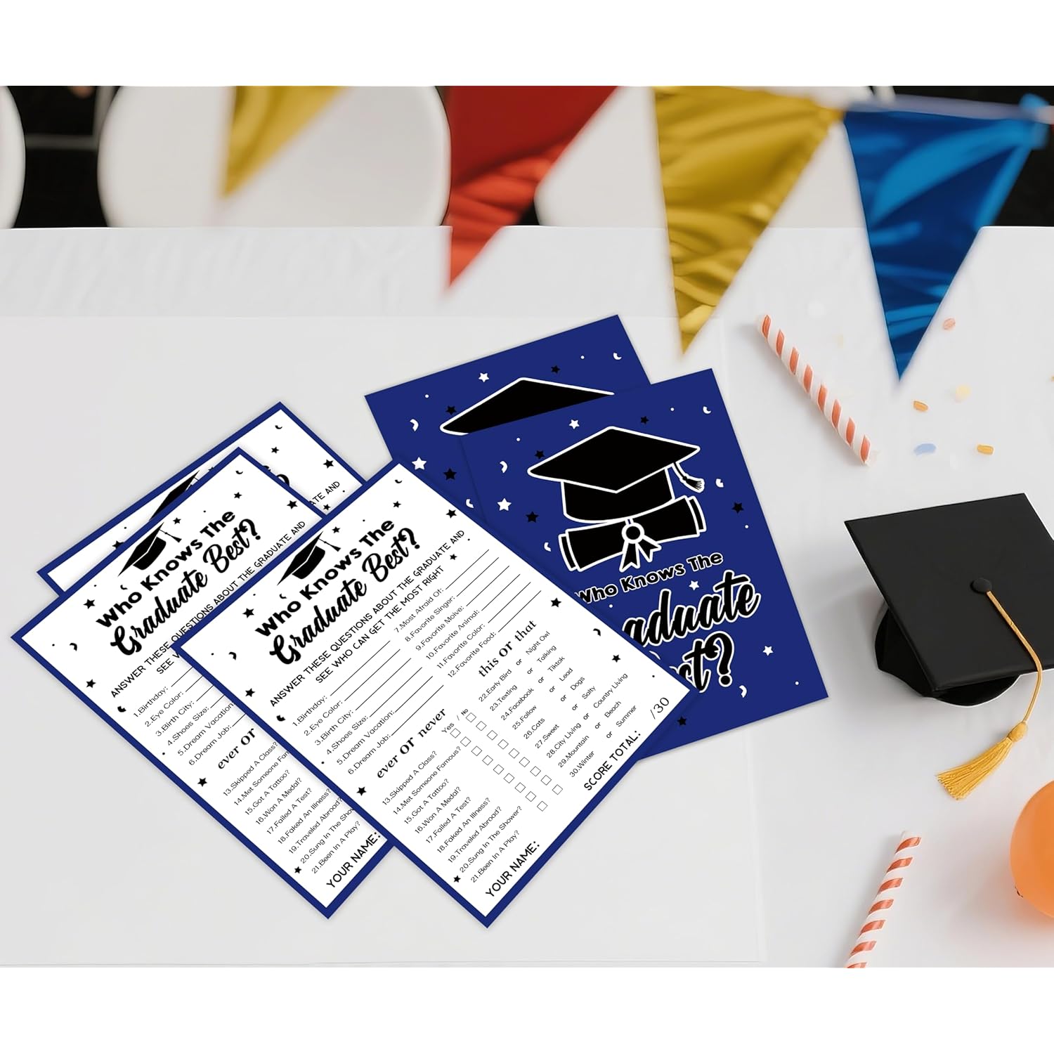 Who Knows The Graduate Best - Graduation Games For Parties 2025, 30Pcs Blue Double-Side Printed Graduation Party Games Cards For High Senior College School Grad Party Favor Supplies