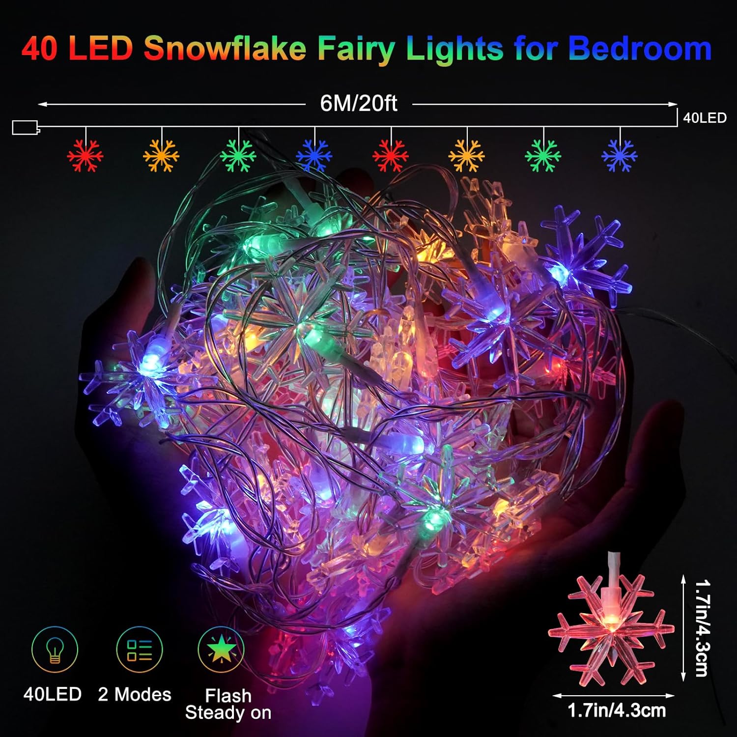 Snowflake String Lights, 20 Ft 40 Led Battery Operated Waterproof Multicolor Snowflake Fairy Lights Indoor Outdoor For B