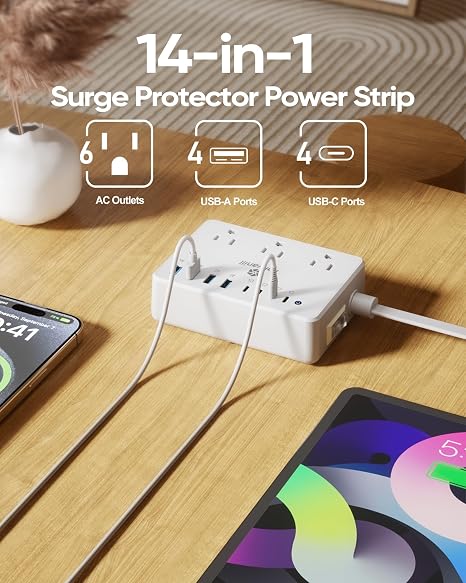 100W Charging Station Power Strip 6 Outlets 8 USB Ports Fast Charging 5FT Flat Plug Extension Cord White