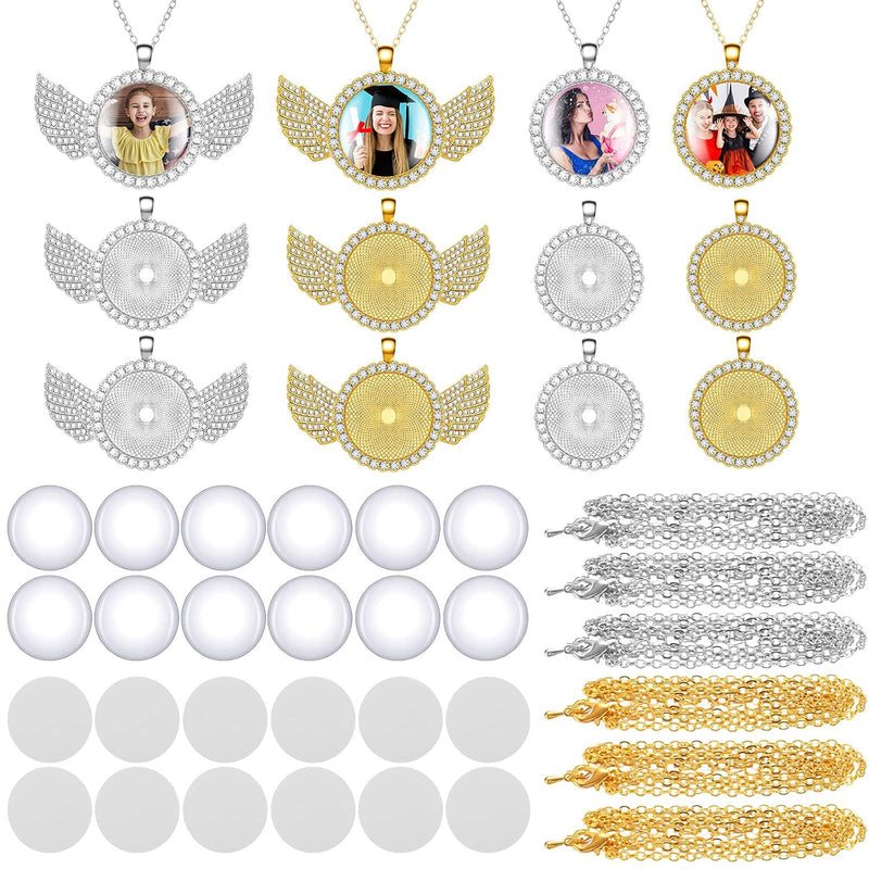 12 Sets Sublimation Blank Picture Necklaces, 6 Pieces Rhinestone Bezel Pendant