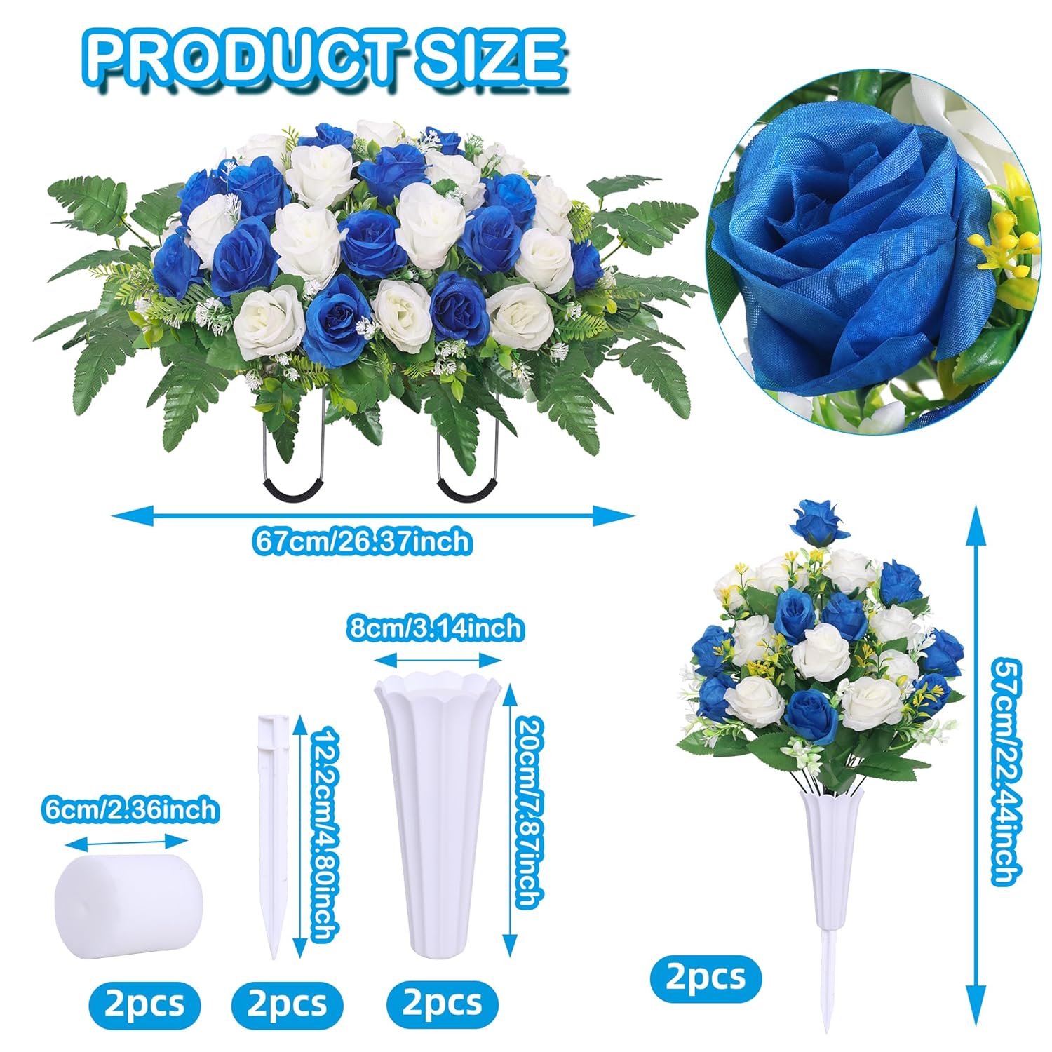 Artificial Cemetery Flower Saddles, Cemetery Memorial Flowers With Vase For Grave Tombstone Decorations,Artificial Rose Bouquet Grave Memorial Flowers (Blue White)
