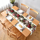 Elegant Christmas Table Runner And Placemats Set – 1 Runner & 4 Placemats – Festive Wreath Design With Red & White Baubles, Pinecones & Berries –Holiday Table Decor For Winter Dining & Christmas Party