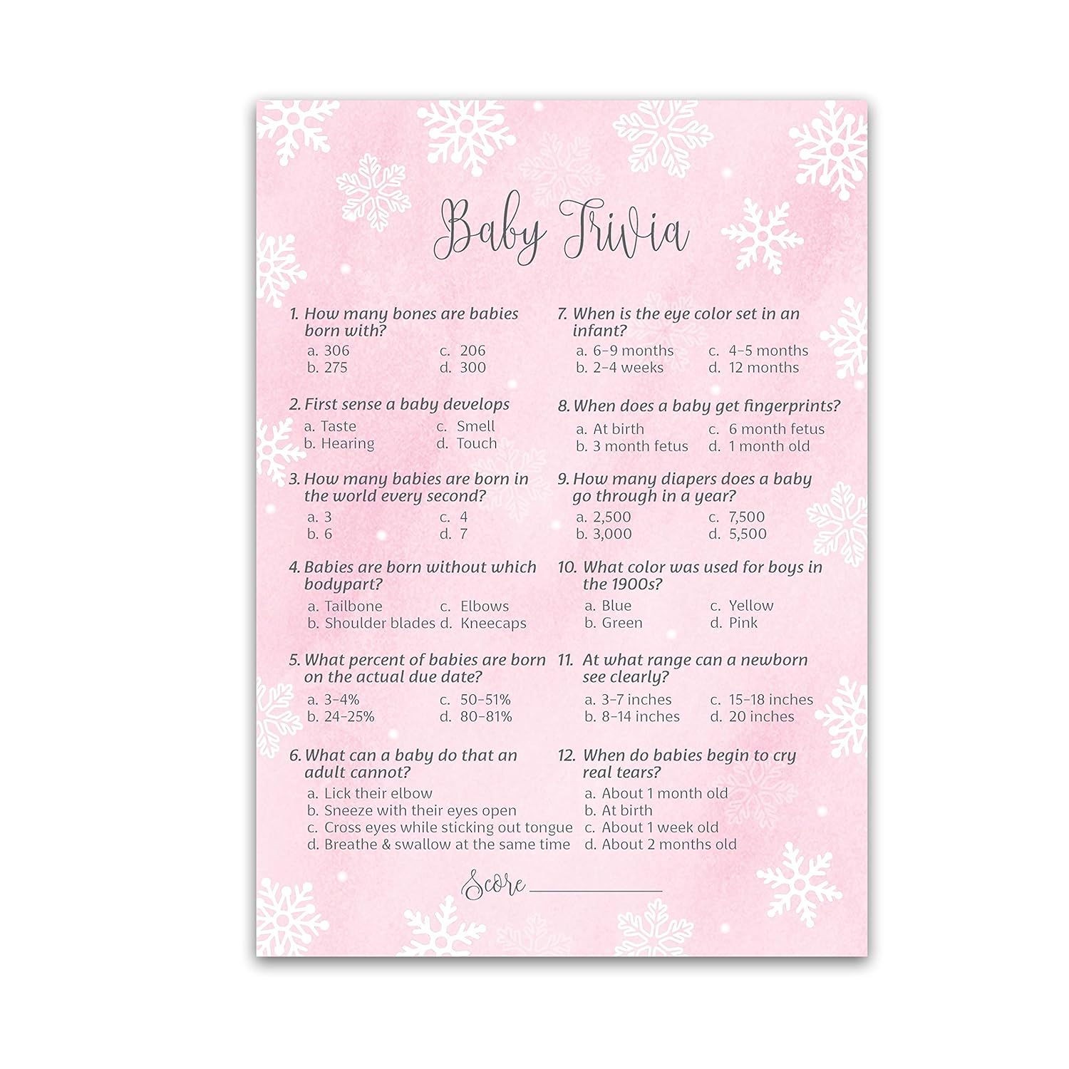 Snowflakes Girl Baby Shower Games – Baby Trivia Game Cards (25 Pack) – Winter Wonderland Pink Activity – It'S Cold Outside, Holiday Fun Facts Gender Reveal, Couples Party G780-Trv