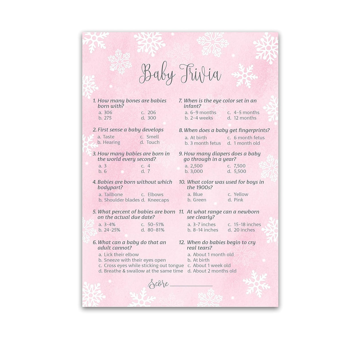 Snowflakes Girl Baby Shower Games – Baby Trivia Game Cards (25 Pack) – Winter Wonderland Pink Activity – It'S Cold Outside, Holiday Fun Facts Gender Reveal, Couples Party G780-Trv