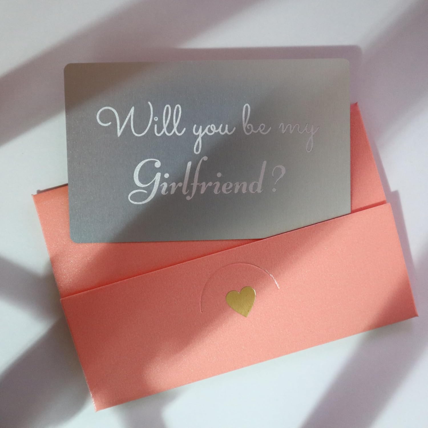 Will You Be My Girlfriend Gray Card Elegant Proposal For Her, Simple And Powerful Card With Pink Envelope