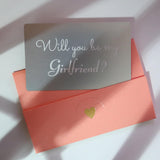 Will You Be My Girlfriend Gray Card Elegant Proposal For Her, Simple And Powerful Card With Pink Envelope