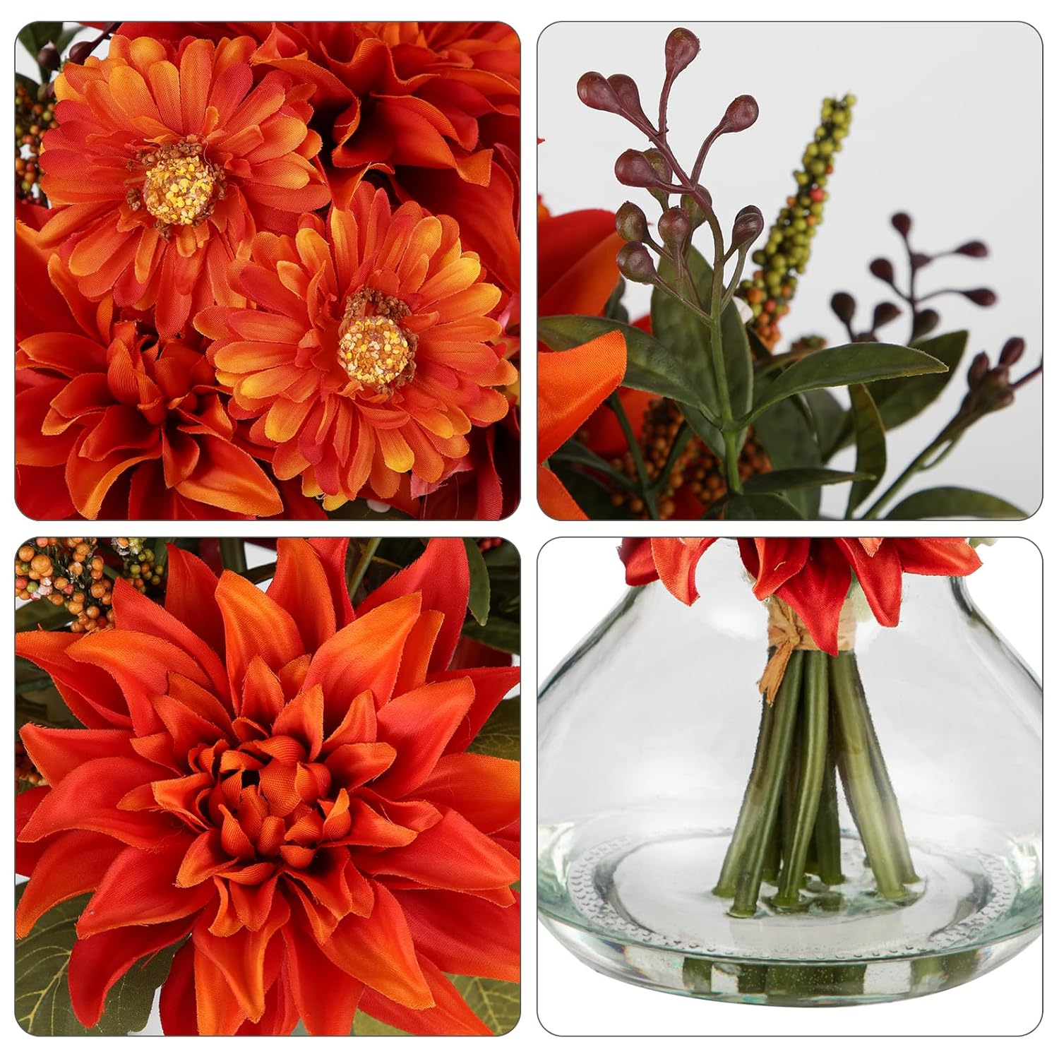 Faux Fall Flowers In Vase, Artificial Dahlia & Mum Silk Floral Arrangement With Clear Glass Vase Fake Autumn Flowers Bouquet For Home Office Dining Room Table Centerpiece Decoration