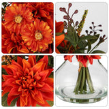 Faux Fall Flowers In Vase, Artificial Dahlia & Mum Silk Floral Arrangement With Clear Glass Vase Fake Autumn Flowers Bouquet For Home Office Dining Room Table Centerpiece Decoration