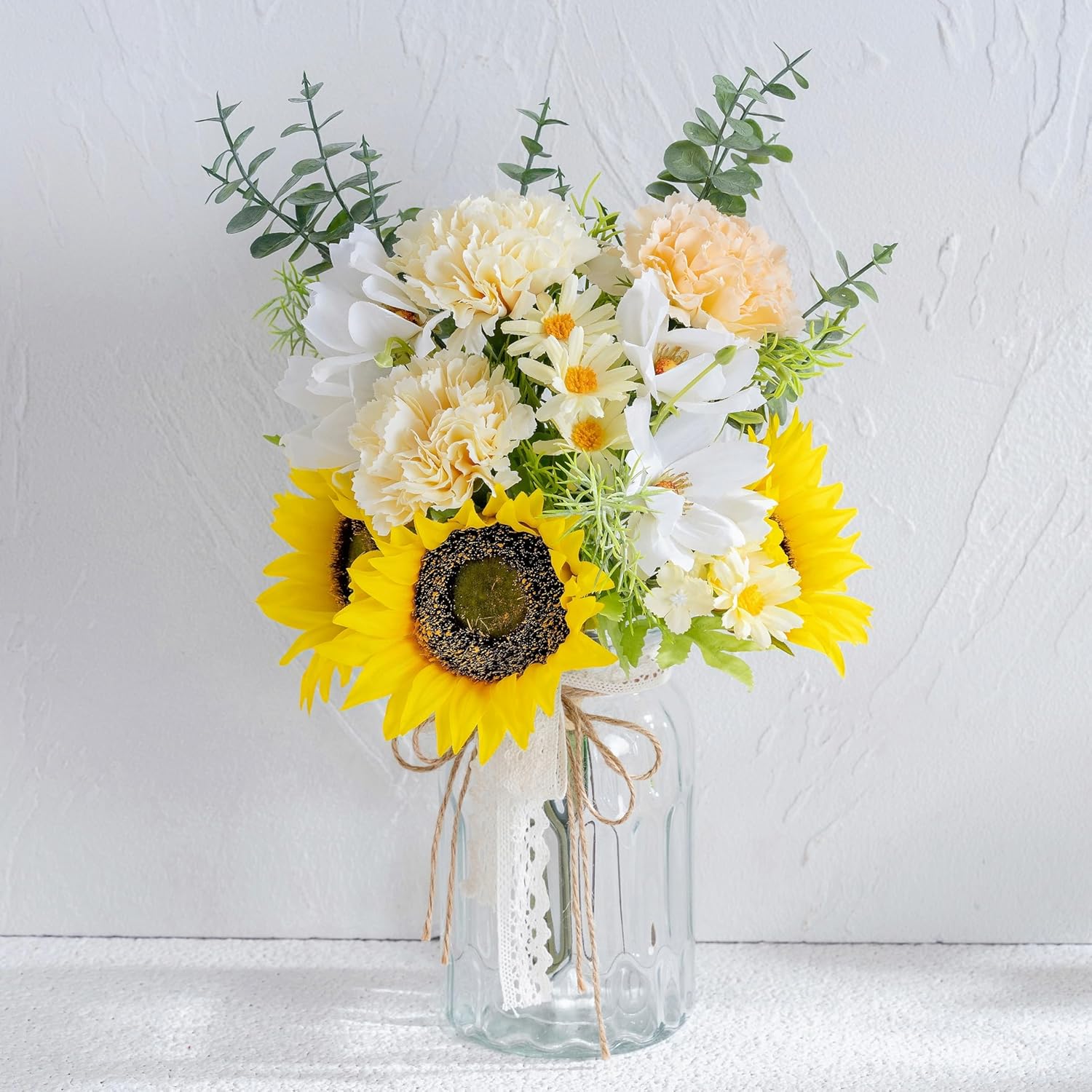 Fake Flowers Artificial Sunflowers With Vase, Faux Silk Carnation,Daisy Flowers For Home Office Decorations, Kitchen Dining Table Decor, Farmhouse Centerpiece Table Decoration
