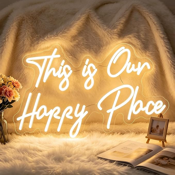 This Is Our Happy Place Neon Sign Warm White LED Wall Light USB Powered Home Decor for Bedroom Bar