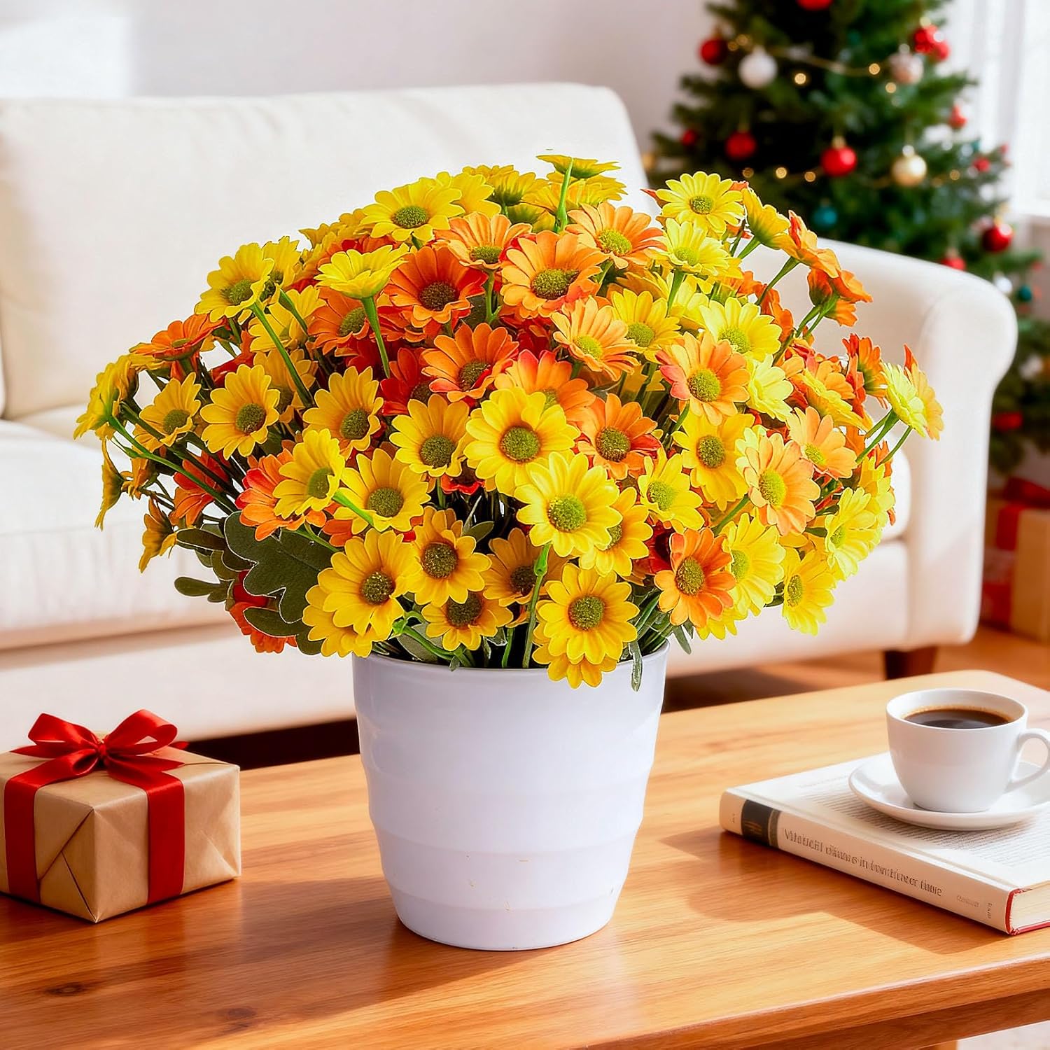 Daisy Artificial Fake Flowers Plants For Outdoor Outside Fall Decor, 6 Bundles Fake Mums Uv Resistant Look Real For Planter Pot Porch Patio Balcony Garden Yard (Orange Yellow)