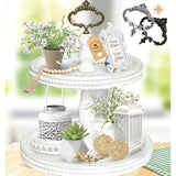 2 Tiered Tray Wooden Serving Stand By . Small Shabby Chic Beaded Tray For Home Decor Display Farmhouse Country Decoration Kitchen Or Dining. Includes 3 Custom Handles (White)