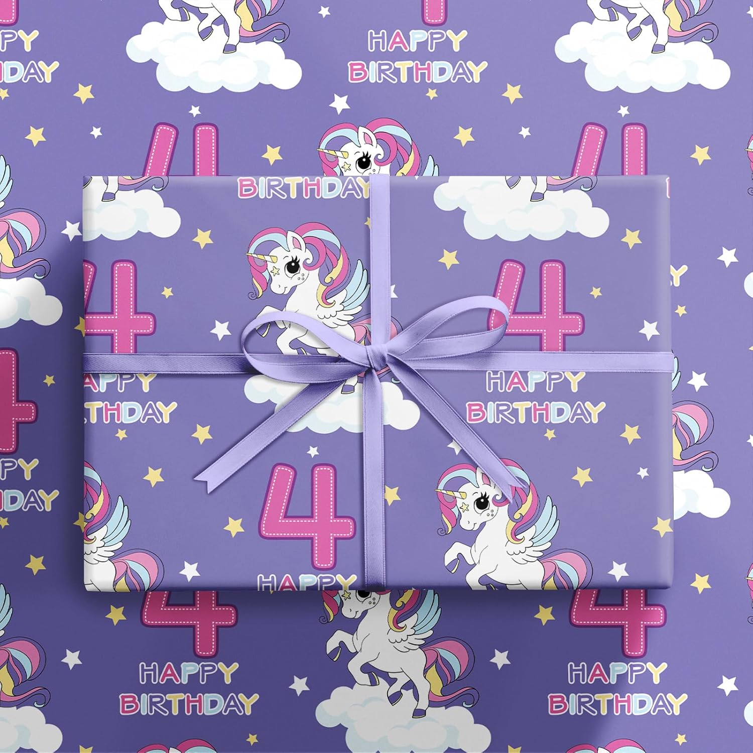 Unicorn Birthday Wrapping Paper Roll For Girls, Mini Roll, Dreamy Purple Unicorn And Number 4 Gift Wrap Paper For 4Th Birthday Party, Theme Party, 17 Inches X 16.4 Feet