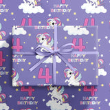 Unicorn Birthday Wrapping Paper Roll For Girls, Mini Roll, Dreamy Purple Unicorn And Number 4 Gift Wrap Paper For 4Th Birthday Party, Theme Party, 17 Inches X 16.4 Feet