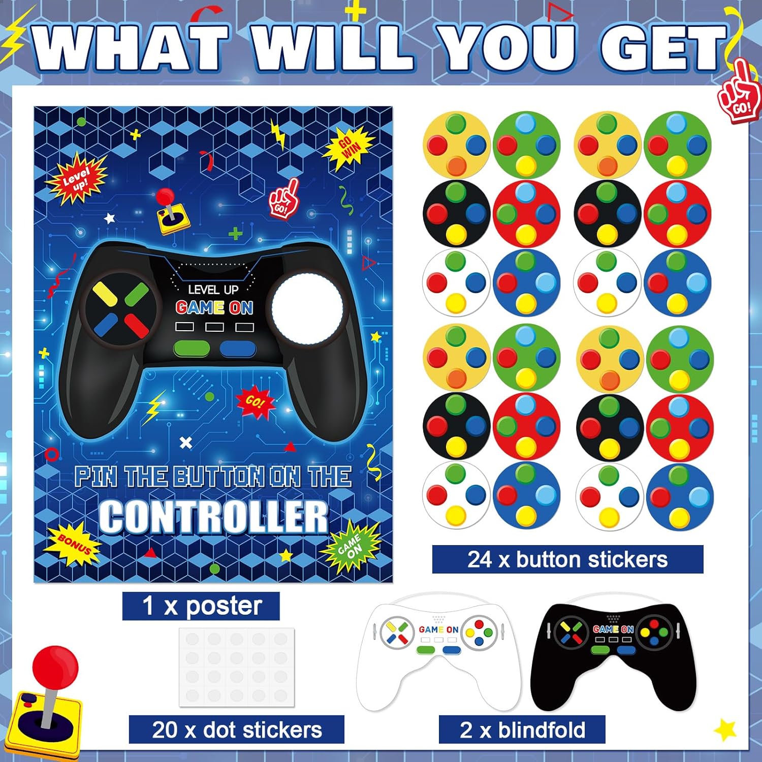 Pin The Button On The Video Game Birthday Games Set Video Game Poster With 24 Button Stickers 2 Games Controller Blindfolds For Birthday Party Wall Home Room Decorations Activities Supplies
