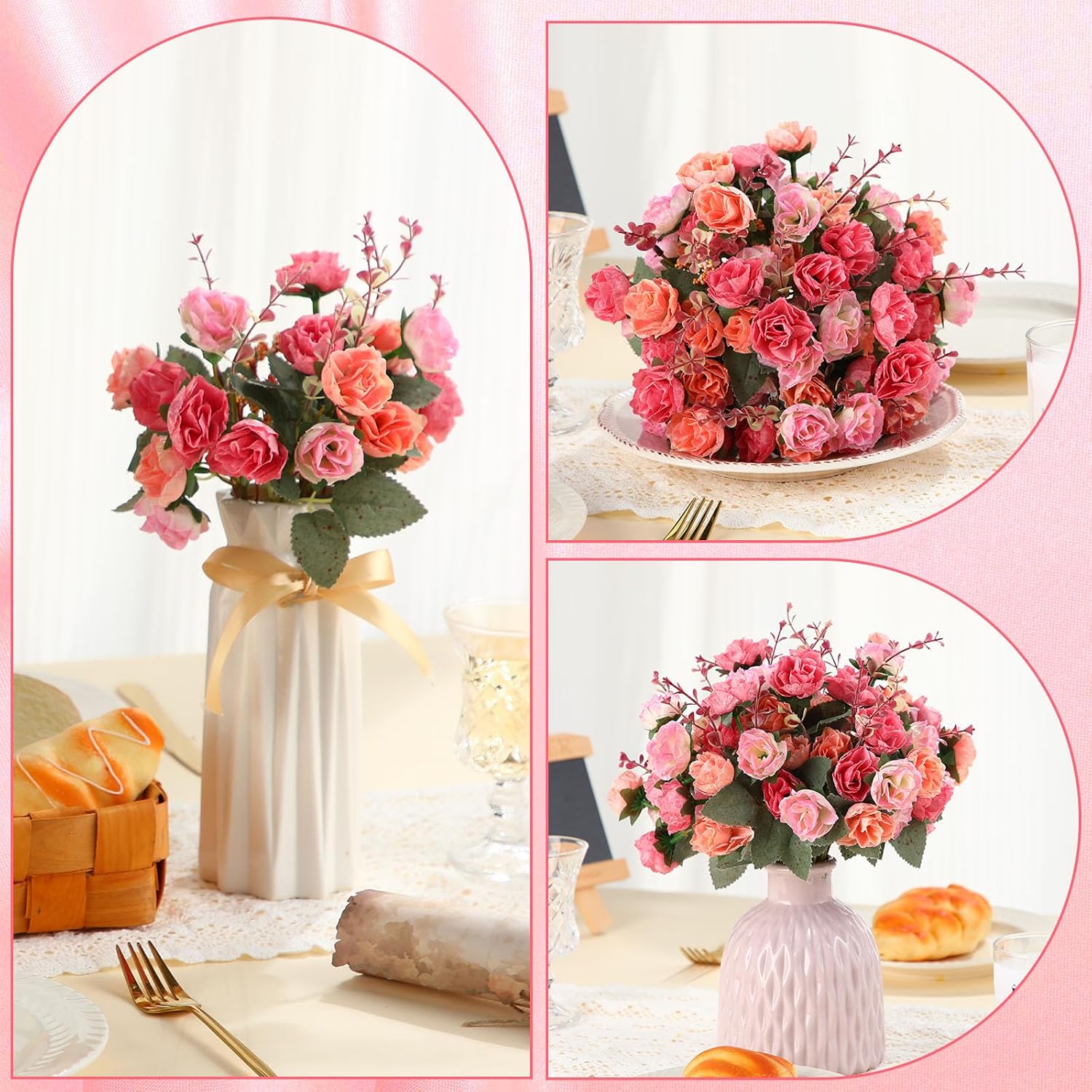 16 Pcs Rose Artificial Flowers Fake Flowers Bouquet 21 Heads Silk Faux Floral Bundles With Stem For Home Bridal Wedding Arrangements Table Centerpieces Party Decor (Pink)