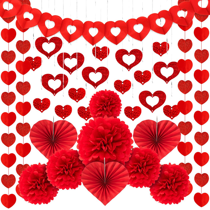 Valentines Day Party Decorations Kit, 3 Red Heart Paper Fan, 100 Heart