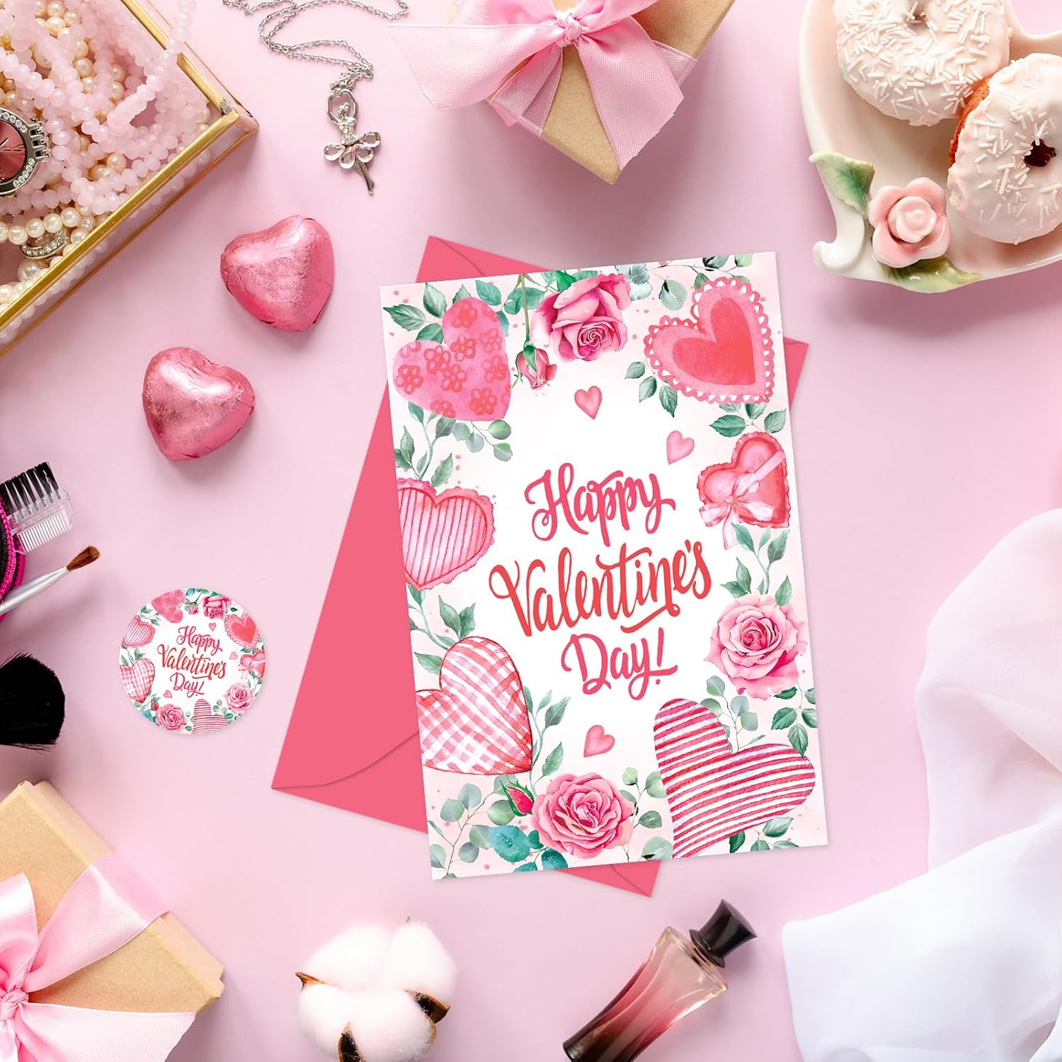 24 Pcs Valentine'S Day Greeting Cards Blank Note Cards With Envelopes And Stickers Pink Rose Heart Greeting Cards For Invitations Party Supplies, 4 X 6 Inch