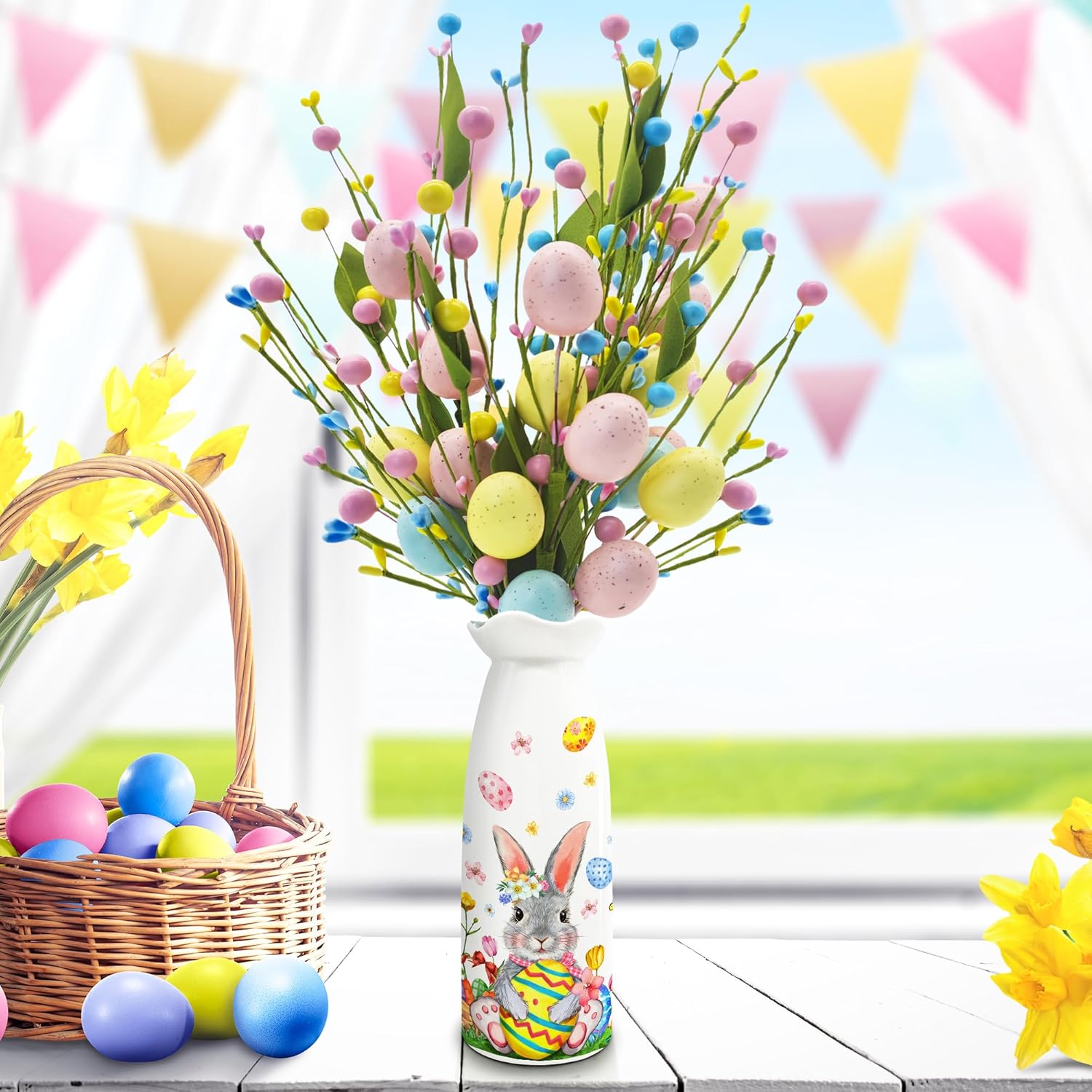 Easter Decor, Easter Artificial Flowers 3 Pcs With Vase, Bunny Table Decorations, Spring Tabletop Centerpiece For Home, Living Room, Dining Table, Eggs Spring Flowers Gifts For Women