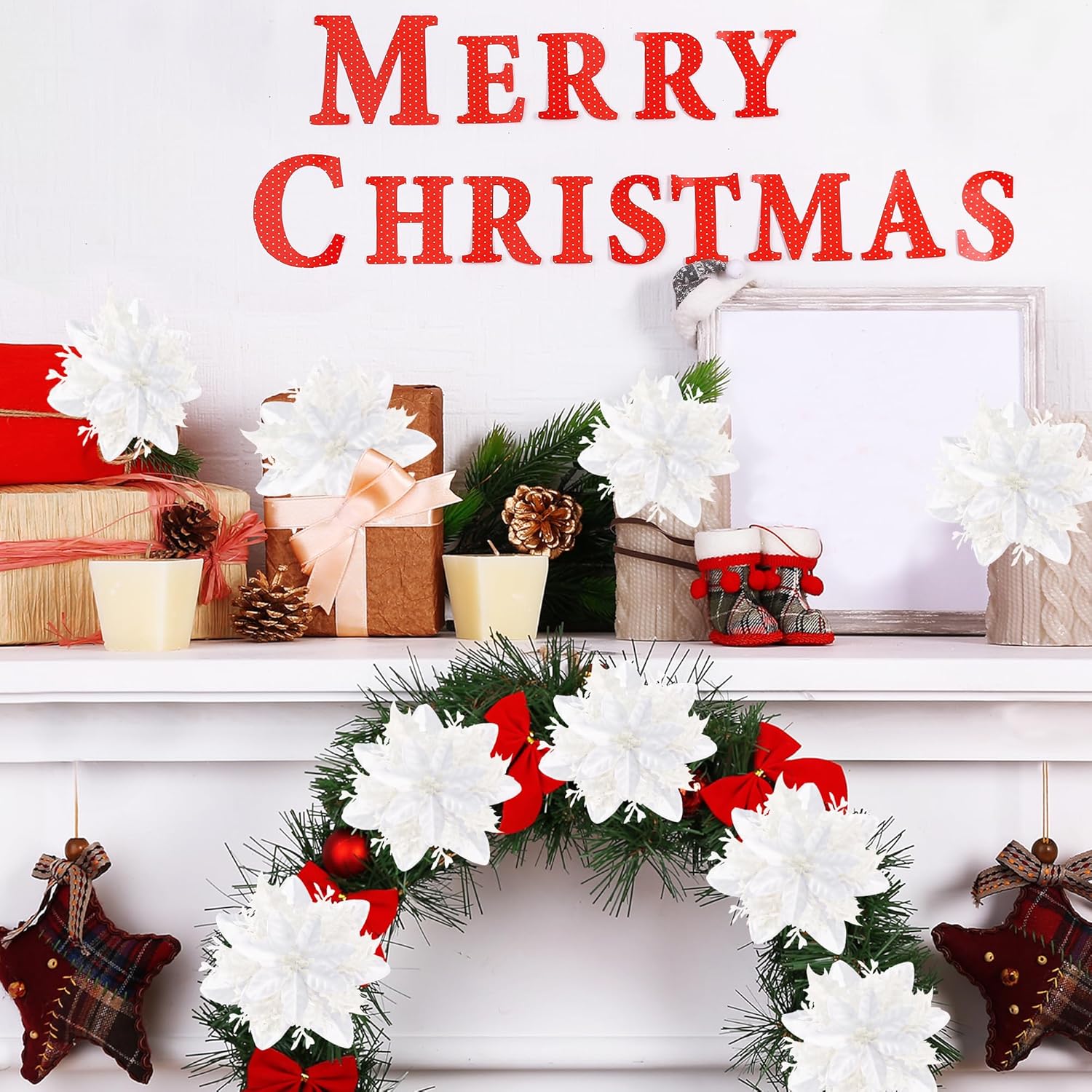 24 Pcs Christmas Glitter Poinsettia Flowers Christmas Tree Ornaments Artificial Christmas Flowers Decorations With Clips For Xmas Holiday Wedding Wreath Party Floral Decorations (White)