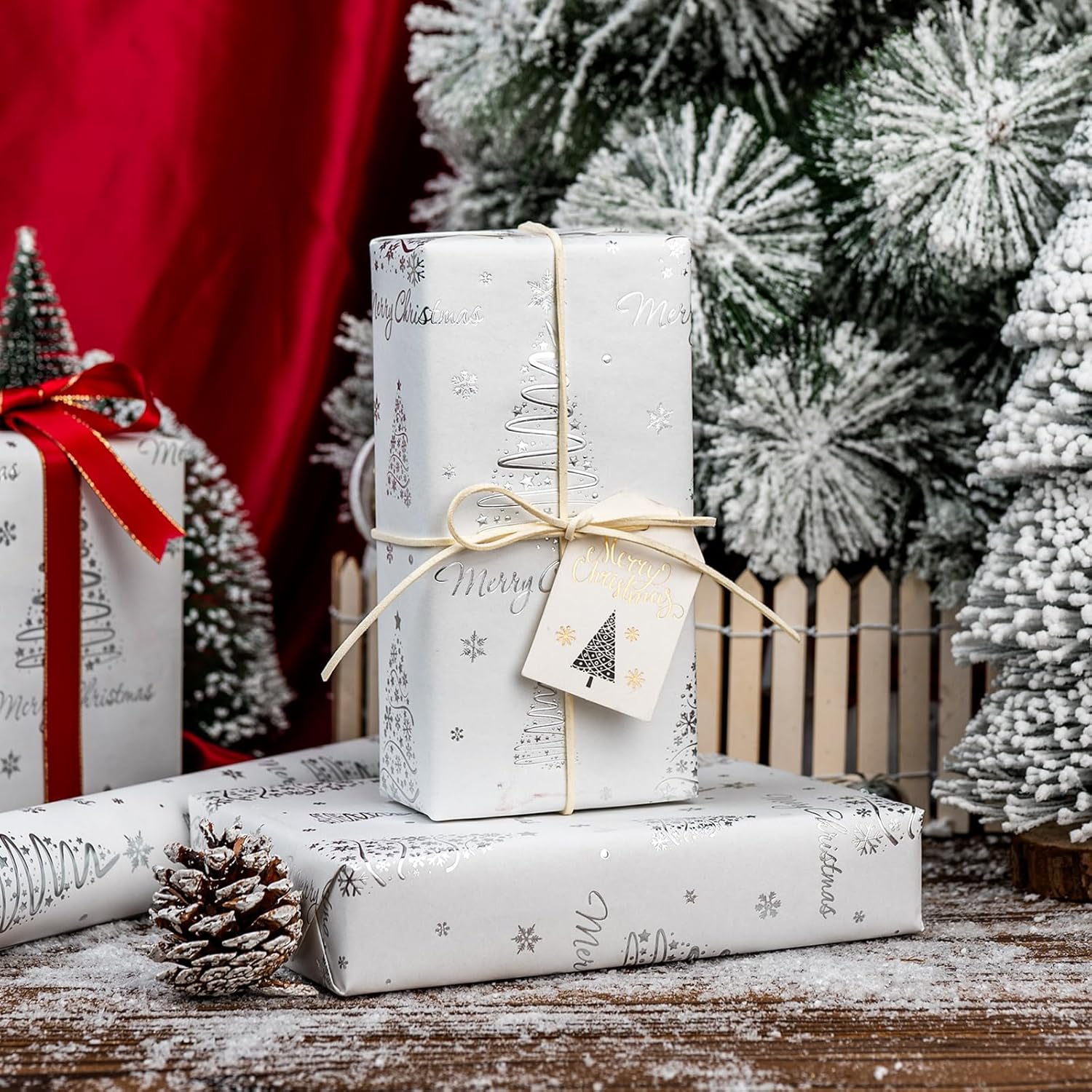 White Christmas Wrapping Paper Roll - 3D Embossed Trees And Letters With Silver Foil Metallic Shine Gift Wrap For Christmas, New Year Celebration, Holiday - Mini Roll - 17 Inch X 33 Feet