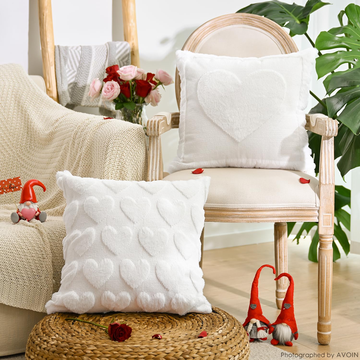 Valentine'S Day Love Heart Cream White Throw Pillow Covers, 18 X 18 Inch Anniversary Wedding Gift Home Decor Soft Plush Faux Fur Jacquard Cushion Case For Sofa Couch Set Of 2