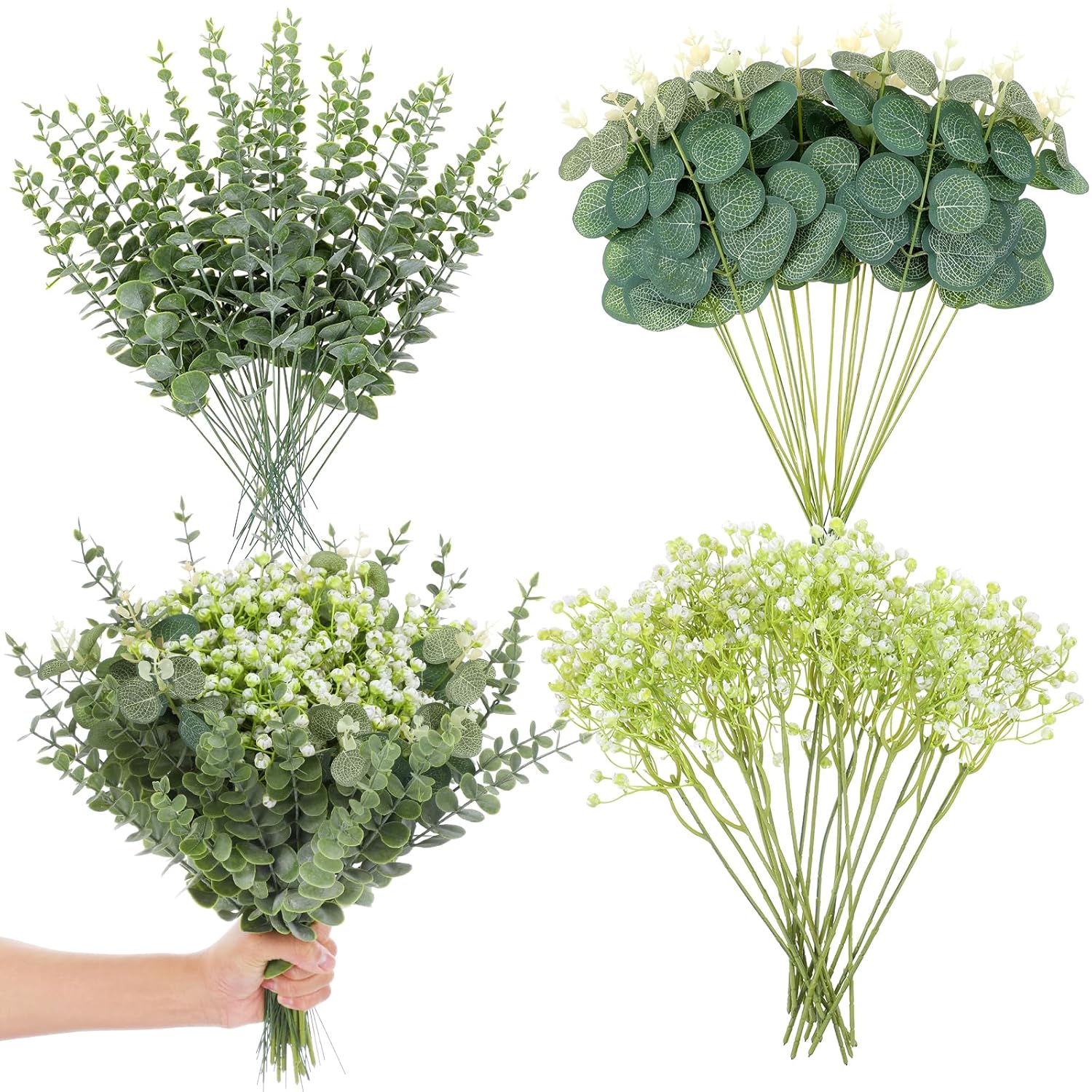 100Pcs 3 Kinds Mixed Artificial Eucalyptus Stems, Baby Breath Artificial Flowers With Faux Eucalyptus Bundle Leaves Greenery Branches For Wedding Diy Vase Bouquets Floral Arrangement Home Decor