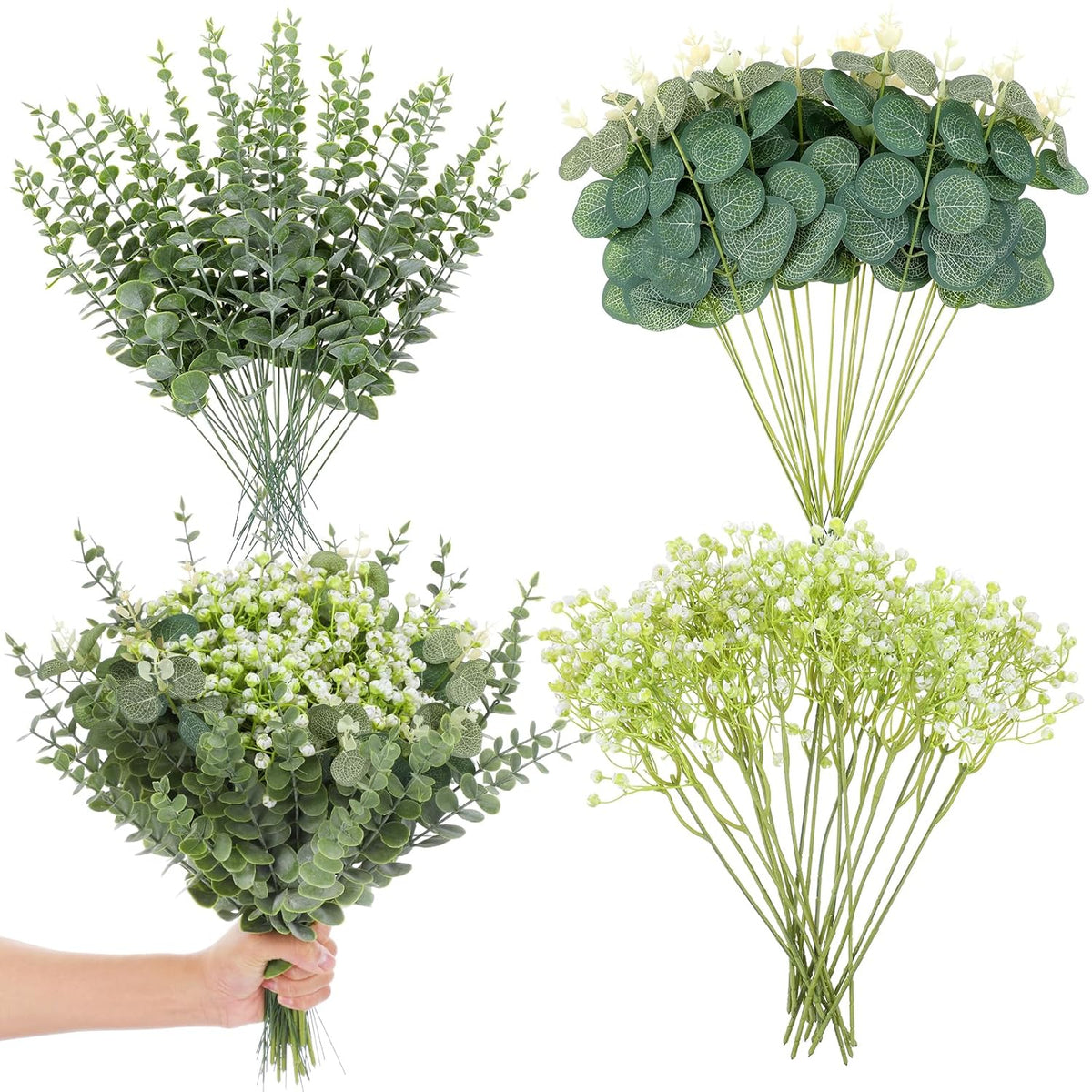 100Pcs 3 Kinds Mixed Artificial Eucalyptus Stems, Baby Breath Artificial Flowers With Faux Eucalyptus Bundle Leaves Greenery Branches For Wedding Diy Vase Bouquets Floral Arrangement Home Decor