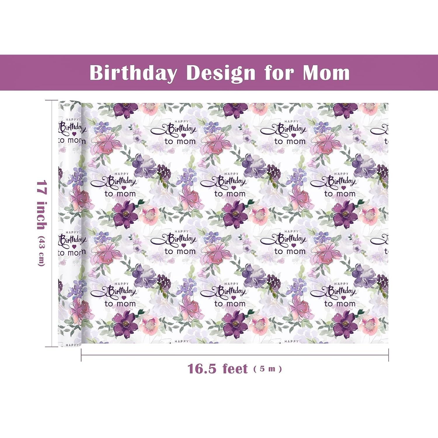Birthday Wrapping Paper Roll For Mom - Mini Roll - 17 Inch X 16.5 Feet - Happy Birthday To Mom Lettering With Purple Flower Design