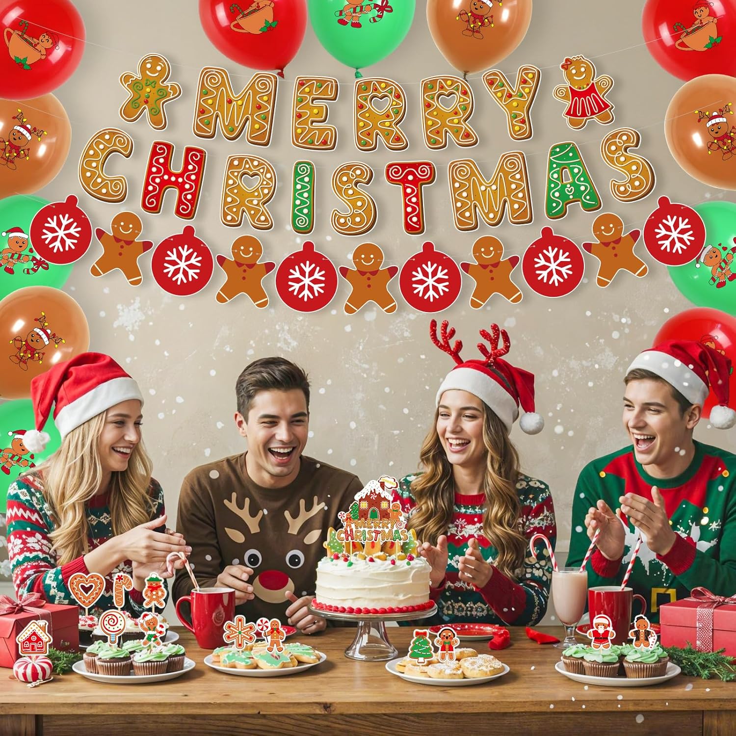 Gingerbread Man Christmas Birthday Party Decorations - Christmas Party Decorations Merry Birthday Banner Gingerbread House Cake Topper Red Green Brown Latex Balloons For Holiday Baby Shower Decor
