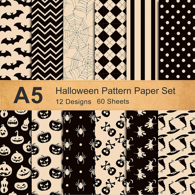 12 Designs Halloween Pattern Paper Set A5 Size Beige Black Craft Paper 60 Shee